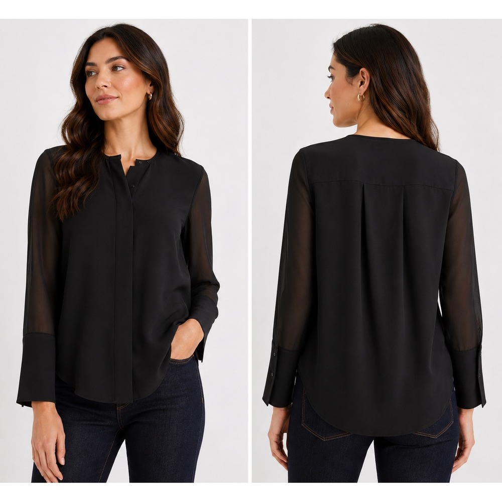 Club Monaco Bramah Top Women's Black Zip-Front Collarless Long Sleeve Blouse M